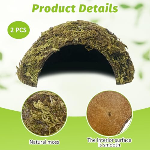 BNOSDM 2 Pcs Hamster Hideout Natural Mossy Cave Hamster Houses and Hideouts Moss Covered Coconut Enclosed Hiding Hut for Mice Habitat Hamster Cage Accessories for Dwarf Gerbil Syrian Fancy Mouse - size: Small-2Pcs