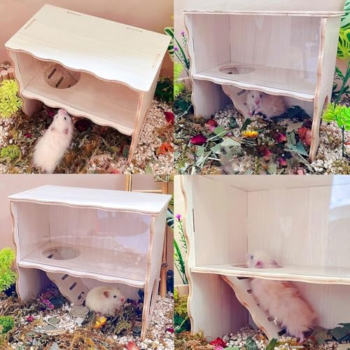 Double-Decker Hamster Hides, Wooden Hamster Hut, Syrian Hamsters Hideout with Acrylic Panel for Clear Observation, Detachable Gerbil Mouse House with Installation Instruction