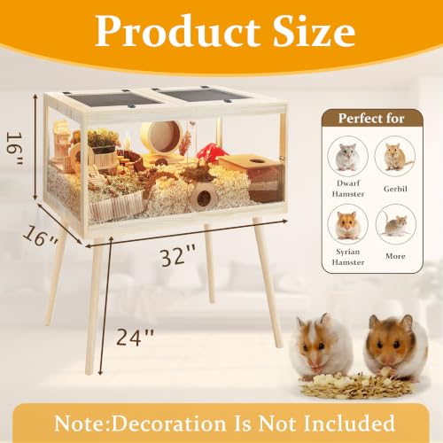PROLEE Hamster Cage Chewproof, Mice and Rat Habitat with Transparent Sides, Hamster Cage with Openable Mesh Top, Solid Built with Lock Design and Leg Stand, 32" Long - size: 32.0"L x 16.0"W x 40.0"H
