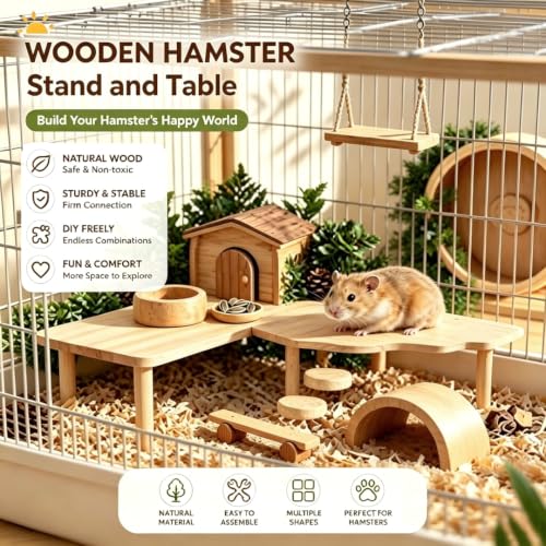 Hamster Platform, 2 Pcs Wooden Hamster Stand and Table, Modular Platforms for Hamster Cage Accessories for Dwarf Syrian Hamsters Gerbils Mice Degus Small Pets