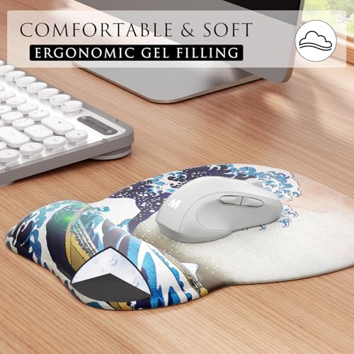 MROCO Ergonomic Mouse Pad with Gel Wrist Rest, 9.4 x 8.1 in, Great Wave | Ergonomic Shape Design, Multiple Pattern Options, Gel Wrist Comfort, Smooth Lycra Surface, Non-Slip PU Base - color: Great Wave
