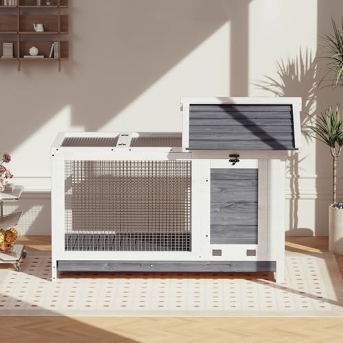 Garvee Wooden Rabbit Hutch Indoor and Outdoor, Rabbit Cage with Removable Wire Netting, Weatherproof Bunny Cage with Anti-Chew Metal Frame Ramp for Small Animals Grey