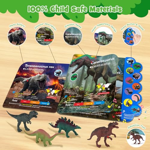 iGRATENS Dinosaur Toys with Sound Books, 10PCS Dino Toy for Toddlers & Animal Sounds Book with 10 Buttons, Realistic Plastic Animal Figures, Dinosaur Toys for Kids 3-5, Dinosaurs Lover Gifts for Kids - style: Dinosaur