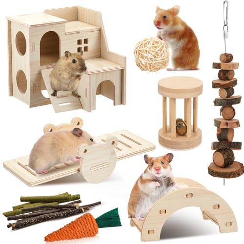 8 Pcs Hamster Cage Accessories Hamster Starter Kit with Maze Wood House, Bridge, Seesaw, Chew Toys Set for Gerbils and Mice Small Animals Habitat Supplies(Classic Villa) - style: Classic Villa