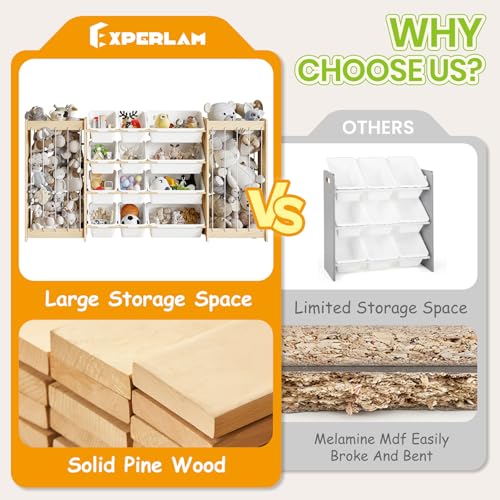 EXPERLAM Large Toy Storage Organizer, Wooden Stuffed Animal Storage & 12-Bins Toy Organizer, Double-Sided Plush Toy Holder Featuring Thicker Ropes, Space Save Playroom Nursery Bedroom Storage, White - color: White, size: 64.4" L × 11" W × 31.5" H