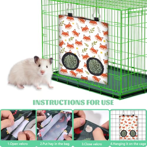 2 Styles Rabbit Hay Feeder for Guinea Pigs 11.6 x 9.1 Inch, Hanging Hay Feeder Bag 2 Pack Fox Fish Pattern Cloth Washable Feeding Storage Holder with 2 Holes for Bunny Chinchillas Hamsters - color: Fox