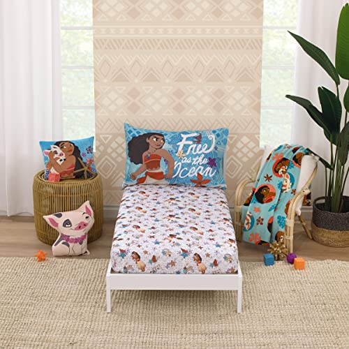 Disney Moana Free as the Ocean Aqua, Purple, Orange, and White Tropical 2 Piece Toddler Sheet Set - Fitted Bottom Sheet and Reversible Pillowcase - color: Moana - Free as the Ocean