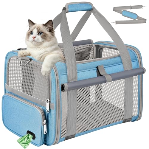 Cat Carrier Top Load, Privacy Curtains Soft Pet Travel Bag Airline Approved | Collapsible Soft-Sided Cat/Dog/Pet Carrier for Small Cats Dogs Puppy Under 16 lb, Washable Kitten Mesh Cage (16.9x10.8x10.8) - color: Sky Blue