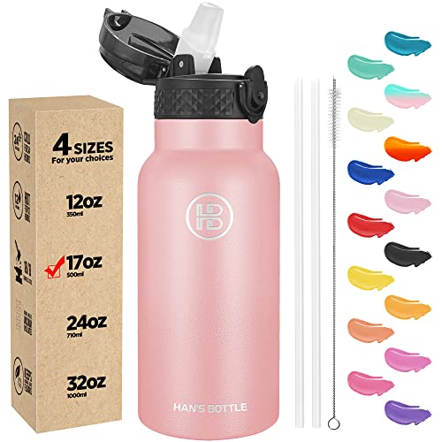 Han's Bottle Kids Water Bottle with Straw Lid - Insulated Stainless Steel Reusable Tumbler for Girls,Boys,Thermo Mug,17oz,Blush - color: Blush, size: 17 Ounces