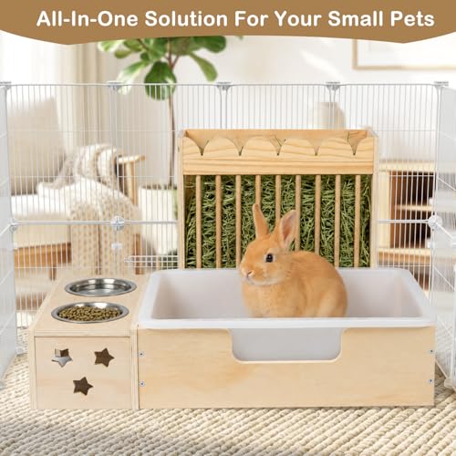 Upgraded 3‑in‑1 Wooden Rabbit Hay Feeder and Litter Box Combo | Extra Large, Mess‑Proof Hay Rack, Easy Clean, Stainless Steel Bowls, Small Pet Feeding Station - size: 26.1"W
