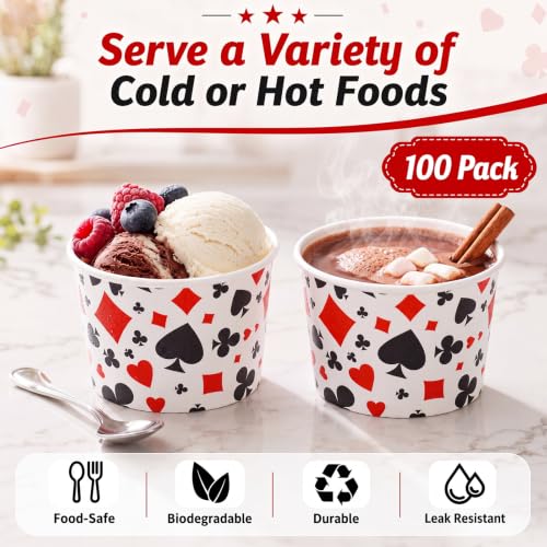 Jingmore 100 Pcs Ice Cream Paper Cups Bulk 8 oz Disposable Dessert Bowls for Hot or Cold Food Snack Treats Gift for Birthday Summer Party Favor Decoration(Casino Poker) - style: Casino Poker