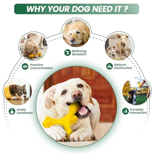 Dog Chew Toys for Aggressive Chewers Large Breed,Indestructible Bones Toy，Durable Cleaning Toothbrush Natural Rubber Dog Toys… (Yellow) - color: Yellow
