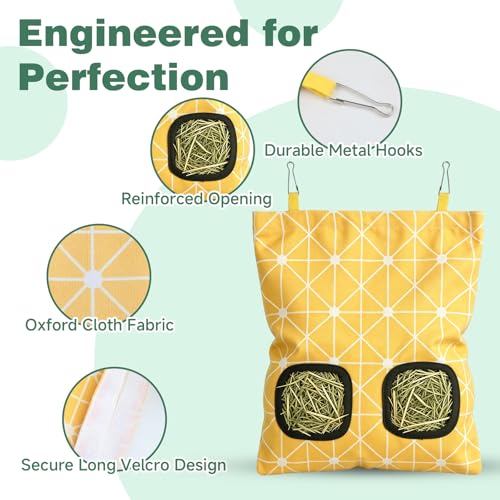 Rabbit Hay Bag 2 Pack - 2 Holes Hanging Bunny Hay Feeder Holder with Metal Hooks, Oxford Cloth Guinea Pig Feeding Bag Storage for Chinchillas Hamsters and Small Animals (Blue Yellow) - color: Blue Yellow