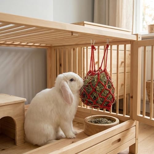 Red Hanging Spherical Rabbit Hay Feeder 13×11in,Interactive Hay Pouch - color: Red