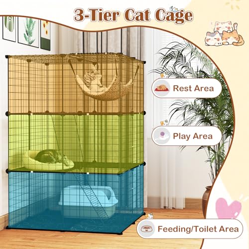 Tangkula Cat Cages Indoor, 3-Tier Cat Enclosure with Skylight, Extra Large Hammock, 2 Ladders, Detachable Metal Wire Kennel with 3 Lockable Doors, DIY Cat Crate & Pet Playpen Catio for 1-3 Cats Kitten - size: 29.0"L x 29.0"W x 42.0"H