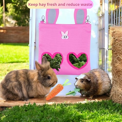 Hanging Rabbit Hay Feeder Bag with Chew Toys Set, Guinea Pig Hay Feeder, Bunny Feeders Holder Storage for Small Pets Bunnies Chinchilla Guinea Pigs Hamster Rats (Pink) - color: Pink