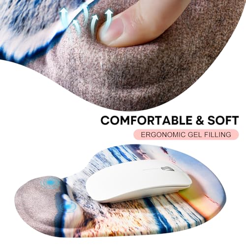 JIKIOU Ergonomic Mouse Pad with Gel Wrist Rest 2 Pack, Portable Small Beach | Upgraded-Prevent Gel Leakage, Ergonomic Design for Pain Relief, Cooling Gel filled, Smooth Lycra Surface, Non-Slip PU Base - color: 10Beach