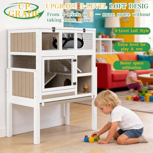 Ketive Guinea Pig Cages Indoor, 3-Story Wooden Small Animal Cage with Stand | Rabbit Hutch with Ramps, Removable Hammock & Hideout, Leak-Proof Pull-Out Tray Habitat for Hamsters, Guinea Pigs, Rabbits