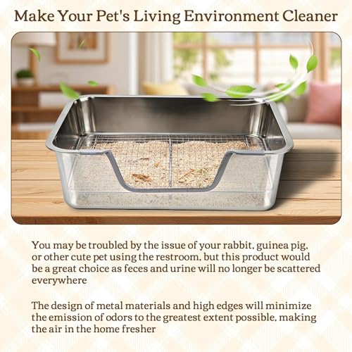 Rypet Large Stainless Steel Rabbit Litter Box Set for Small Animals | High Sides & Low Entry, 304 Stainless Steel Sifting Tray, Bowl and Bottle Included, Non-Slip, Easy to Clean, Odor Control - size: M(17.7" × 13.8" × 5.9")
