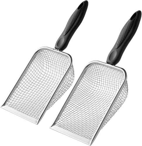 Chicken Coop Poop Scooper 2 Pack, Stainless Steel Sifting Shovels | 3.8mm & 5mm Mesh Sand Sifting Litter Shovel Tool for Chicken Coops Sand, Cat Litter and Bedding Cleaning, 2 adhesive hooks