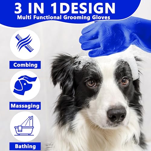 Pet Grooming Gloves—Dog Washing Gloves with High-Density Teeth | Dog Bath Scrubber with Enhanced Five Finger Design, Silicone Gloves for Dogs and Cats Bathing, Massage (Dark Blue) - color: Dark Blue