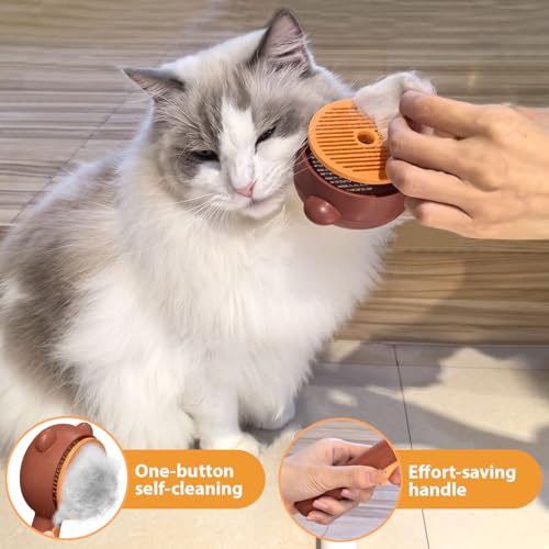 Cat Steam Brush with 2 Spray Levels & Release Button 4-in-1 Cat Water Brush | for Shedding Grooming, Pet Hair Removal Comb for Long Short Haired Cats Dogs, IPX7 Waterproof Self Cleaning Slicker Brush - color: Brown with Handle