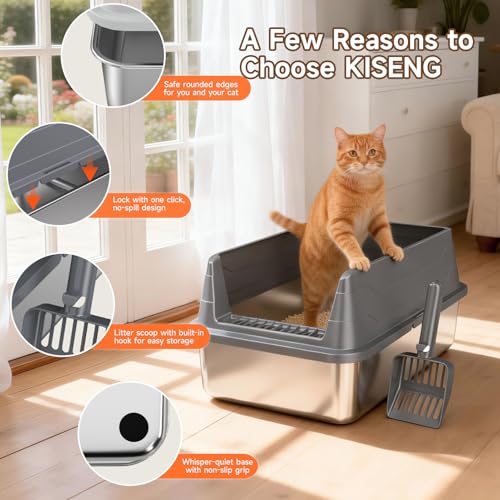 Stainless Steel Cat Litter Box Low Entry Litter Pan Include Scoop | Odor Free Metal High Sides Lid Open Top Easy Cleaning Anti-Scratc Anti-Urine Leakage Non-Sticky - color: Dark Grey S