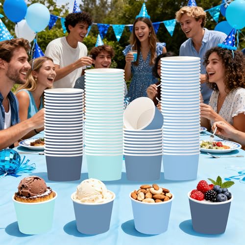 120Pcs 12oz Dusty Blue Ice Cream Cups for Hot or Cold Food | Gradient Blue Dessert Bowls Disposable Summer Ocean Large Snack Cups for Birthday Wedding Pool Bridal Baby Shower Party Favor - style: Blue Gradient Cup