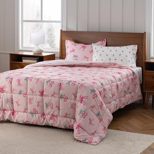 Berkshire LIG Printed Reversible Microfiber Comforter Set–5-Piece, Ultra Soft All-Season Bedding, Wrinkle & Fade Resistant, Twin, Cherry Bows Blush - color: Cherry Bows Blush, size: Twin
