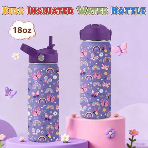 Butterfly Gifts - 18oz Purple Kids Water Bottle with Straw Lid, Stainless Steel Insulated Bottle, Leakproof, BPA-Free, for Girls, School, Travel - Butterfly Rainbow Themed Birthday Gift Cup (1pc) - color: Butterfly1, size: 18 Ounces