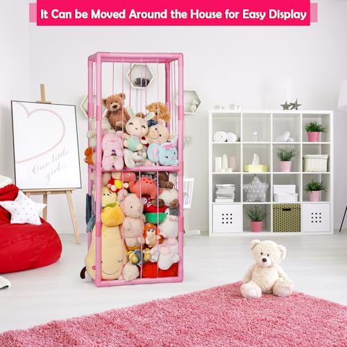 Stuffed Animal Zoo Storage PVC Stuffed Animal Holder, Pink | Vertical Plush Storage Organizer Shelf with Elastic Band for Nursery Play Room Bedroom - color: Pink