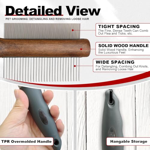 HOP 2-in-1 Dog Dematting&Deshedding Comb with Wooden Handle 8.31in/21.1cm | Double-Sided Fine&Wide Metal Tooth Dematting Comb,Pet Flea Comb for Dogs&Cats,Gentle Remove Loose Hair Tangles Dirt Fleas