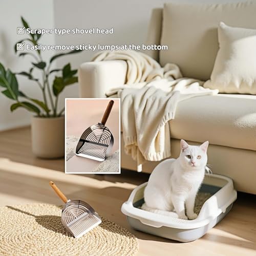 Premium Stainless Steel Cat Litter Scoop-Triple Guard Walls&Non-Stick Design,Silver,Flat Shovel Head Design Solid Deep Edge Wood Handle,Dual Hooks 1Pack,6.1x5.3inch (Silver long strip) (Silver) - color: Silver