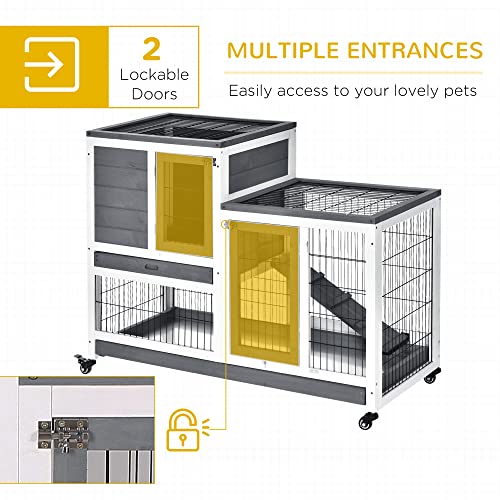 PawHut Wooden Rabbit Hutch Elevated Bunny Cage Indoor Small Animal Habitat with Enclosed Run with Wheels, Ramp, Removable Tray Ideal for Guinea Pigs, Grey | Small Animal Habitat, Enclosed Run, Wheels, Ramp, Removable Tray for Rabbits, Chickens, Ducks - co