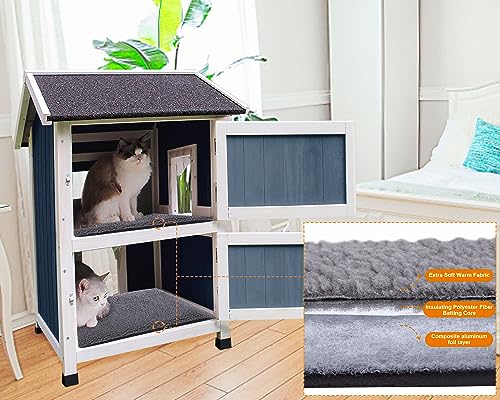 Rockever 2-Layer Outdoor Cat House with Soft Mat, Weatherproof Cat Shelter | Weatherproof blue wooden shelter with escape door, roomy resting spaces and secure protection for feral and outside cats