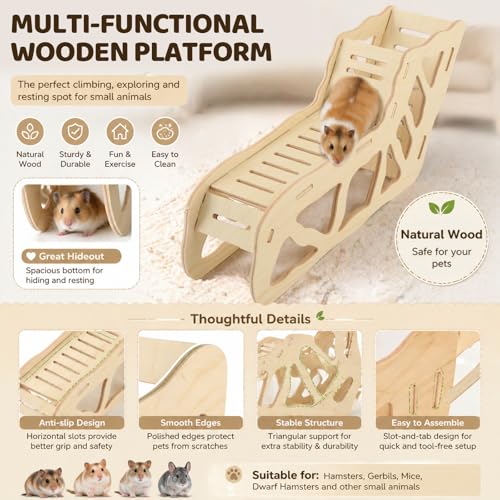 3 Pack Wooden Hamster Play Platform, 3-in-1 Natural Small Pet Playground with Tunnel, Ladder & Hidden Rest Area, Wooden Support Column Cage Accessories for Hamsters, Squirrels & Tiny Pets
