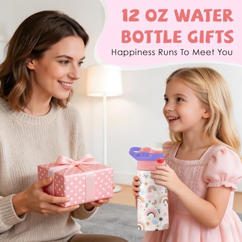 Rainbow 12 oz Water Bottle with Straw – Kids Stainless Steel Vacuum Insulated Cup, Leakproof Pop-Up Spout, Reusable Travel Mug for Boys and Girls Outdoor Sports - color: Rainbow1