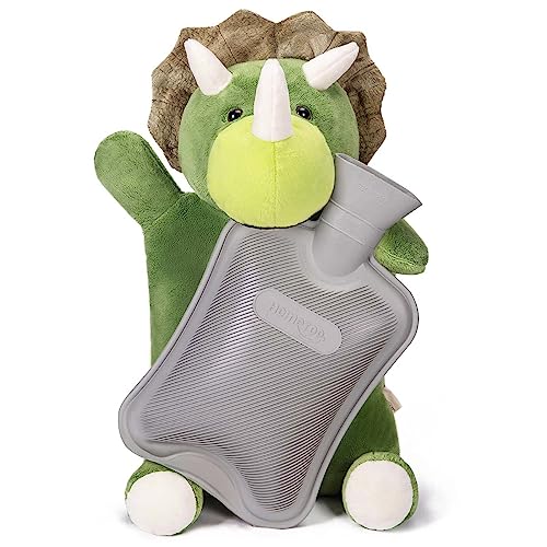 HomeTop Premium Classic Rubber Hot Water Bottle with Triceratops Cover | Natural rubber hot water bottle,Long-lasting heat retention,Snuggly all-night warmth - color: Gray/Triceratops