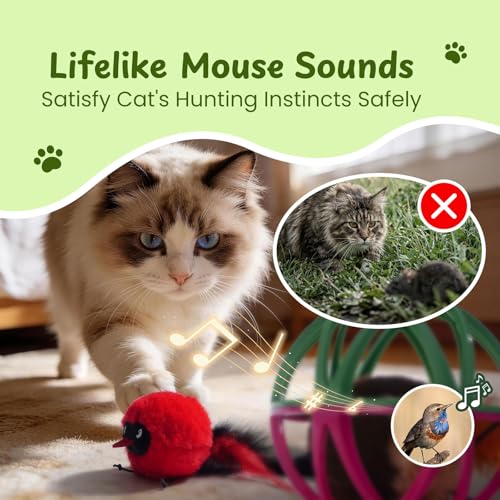 Cat Toys for Indoor Cats - Interactive Ball Cage Cat Toy with Realistic Bird Sounds & 2 Catnip Plush Toys, Motion-Activated Hunting Simulation Toy for Cats - color: Red