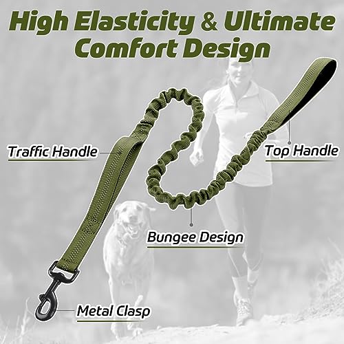 rabbitgoo Tactical Dog Leash, Heavy Duty Training Bungee Lead | Military Leash with 2 Padded Control Handles for Medium Large Dogs, No Pull for Shock Absorption, Reflective, Green, 5.2FT - color: Green, size: Max: 5.2ft