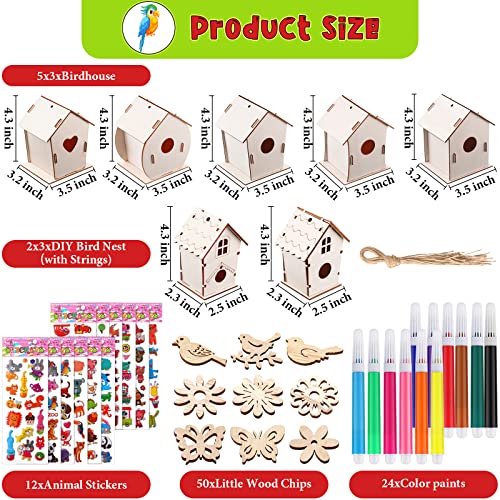107 Pcs Wooden Birdhouse DIY Kits Includes 21 Unfinished Wood Mini Bird House 24 Watercolor Pen 50 Bird Butterfly Flower Slices 12 Animal Stickers for Adults DIY Craft Making Supplies (Cute)