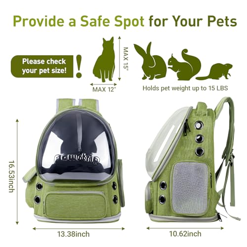 Cat Backpack Carrier Clear Bubble Window for Cats & Small Dogs up to 15 lb | Large Space Breathable Foldable Pet Carrier Airline Approved, Mesh Entry Safety Tether Washable Pad, Travel Hiking Outdoor - color: Green