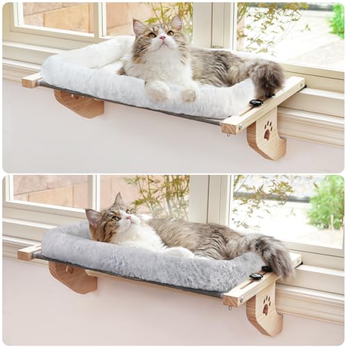 AMOSIJOY Cat Sill Window Perch Sturdy Hammock Window Seat with Cushion Bed Cover, Wood & Metal Frame for Large Cats, Easy to Adjust Cat Bed for Windowsill, Bedside, Drawer and Cabinet(Cushion Bed) - color: White, size: 24.4''L X 15''W
