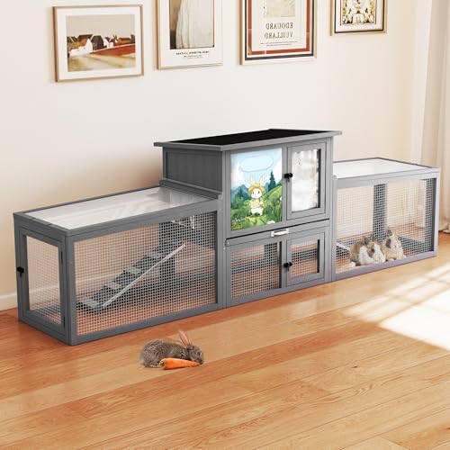 COZIWOW Large Wooden Rabbit Hutch Outdoor Indoor Bunny Cage, 2-Level Small Animal House Enclosure with All-Covered Sloped Roof (Grey with Warm) - color: Grey