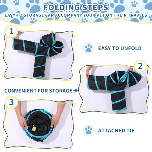 Pet Cat Tunnel, 4-Way Junction Tunnels for Indoor Cats, Collapsible Pet Tunnel for Kitten, Puppy, Rabbit, 25cm-Wide Tunnels, Durable & Breathable, with Peek Hole Toy Ball - color: 4-way Junction Tunnel & Black/Blue