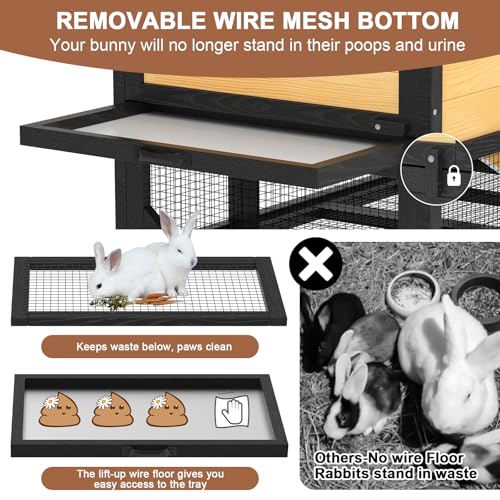 TIMHAKA 2-Story Bunny Hutch with Wheels and Chew-Proof Ramp, Yellow | Indoor Outdoor Bunny Cage w/ Leak-Proof Trays and Openable Waterproof Roof for Rabbits, Guinea Pig, Small Animal - size: 47.2"L x 21.98"W x 27.2"H