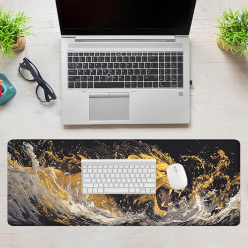 Lion Roaring Desk Mat Gaming Mouse Pad Cool Animal Black Gold Wildlife XL Mouse Pad Large Mousepad Extended Laptop Keyboard Mat Gaming Desk Pad Mouse Mat Office Computer Keyboard Laptop Home - color: Lion Roaring, size: 31.5L x 11.8W inches