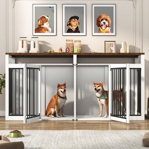87In Farmhouse Dog Crate TV Stand, Wooden Dog Kennel Furniture with 2 Doors, Large Dog Crate Furniture for 2 Dogs, Solid Metal Tube & 4 Lockable Doors, White - color: White