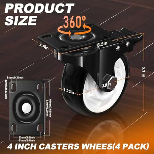 QNCZ 4 Inch Heavy Duty Caster Wheel with Dual Brake,Silent, Black,Set of 4 | Easy to Install, Efficient operation, convenient braking,Silent, Floor friendly,Widely Applied for Cart,Furniture,Workbench - color: black, size: 4 IN