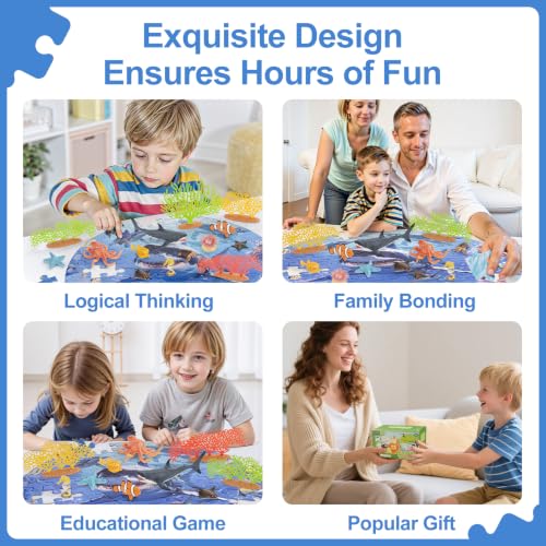 81PCS Large Realistic Ocean Sea Animal Toys with 20" Floor Puzzles for Kids, Kids Solid Ocean Animals Figuress Includ Shark,Octopus,Starfish,Sea Turtle for Toddler Boys Girls Birthday Gifts